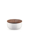 White ceramic scent diffuser bowl by Alessi with a brown wooden lid featuring engraved leaf patterns and brand name.