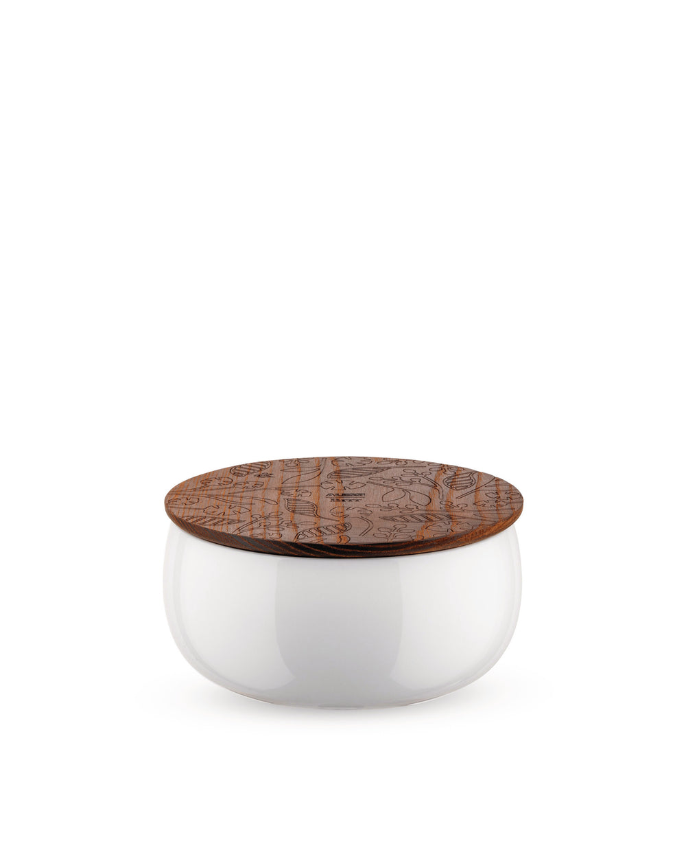 White ceramic scent diffuser bowl by Alessi with a brown wooden lid featuring engraved leaf patterns and brand name.