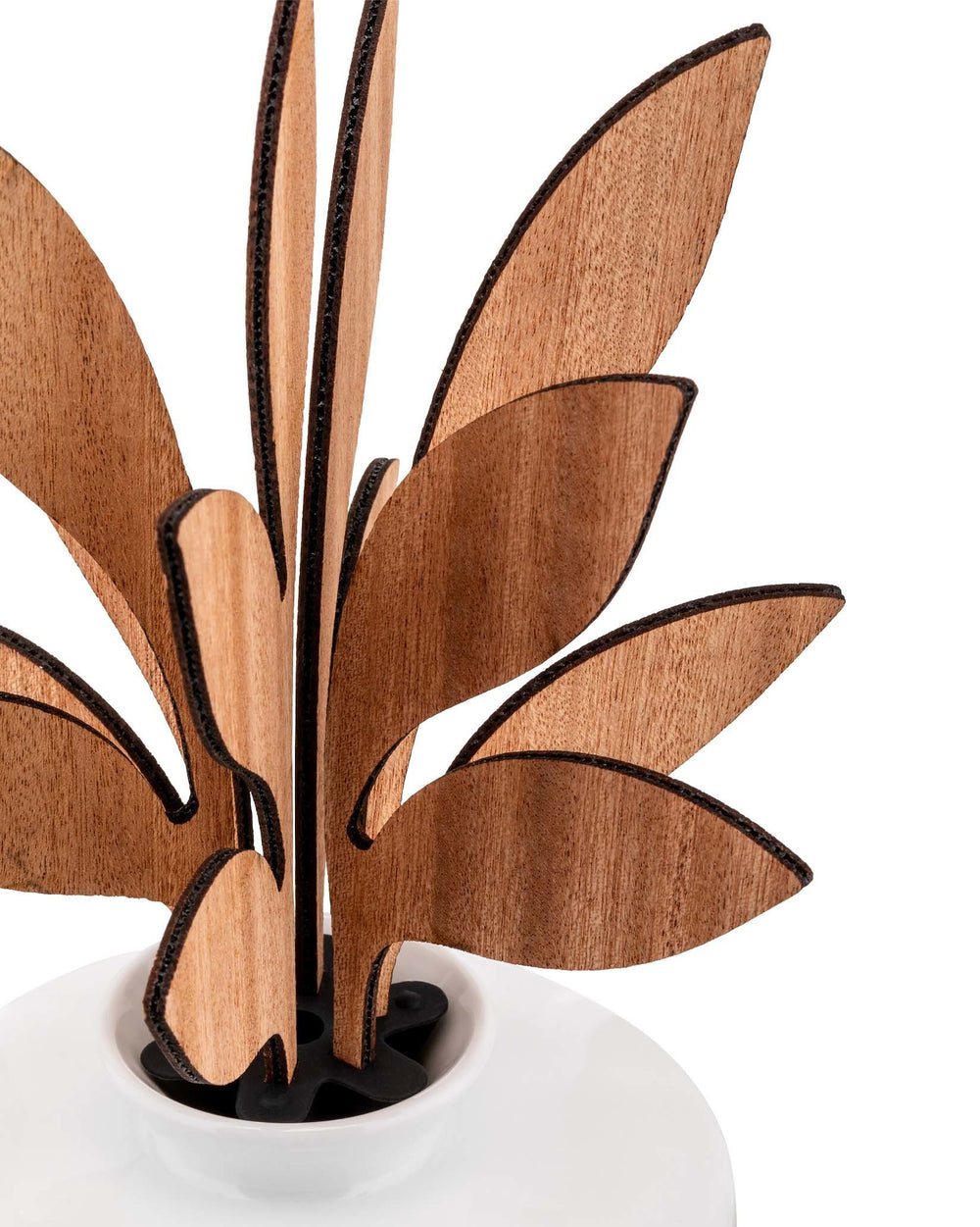 Wooden leaf-shaped fragrance diffuser by Alessi with a black insert in a white ceramic base, cropped close-up.