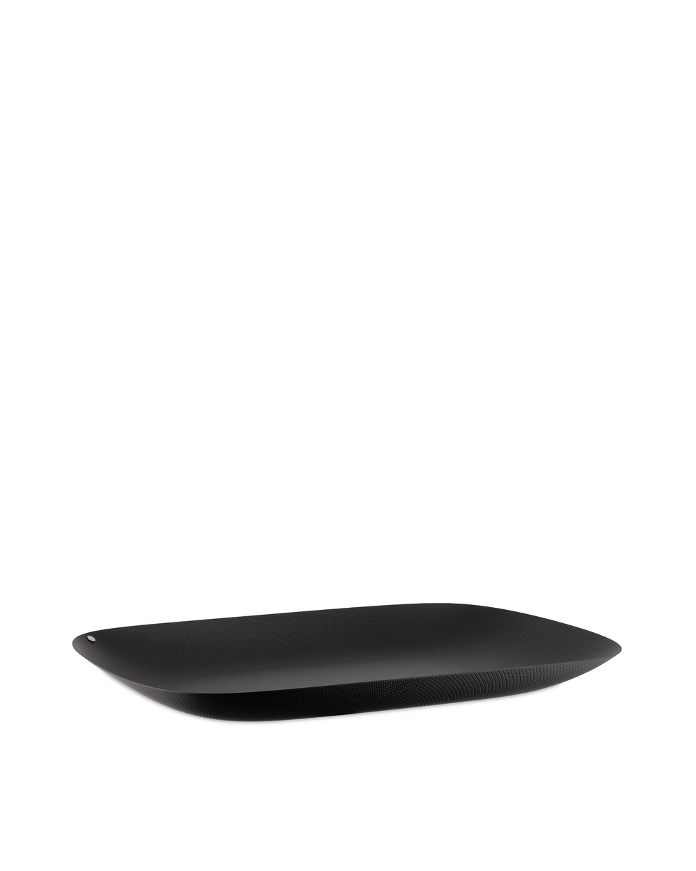 Black rectangular tray by Alessi with a subtle dotted texture, seen from an angle.