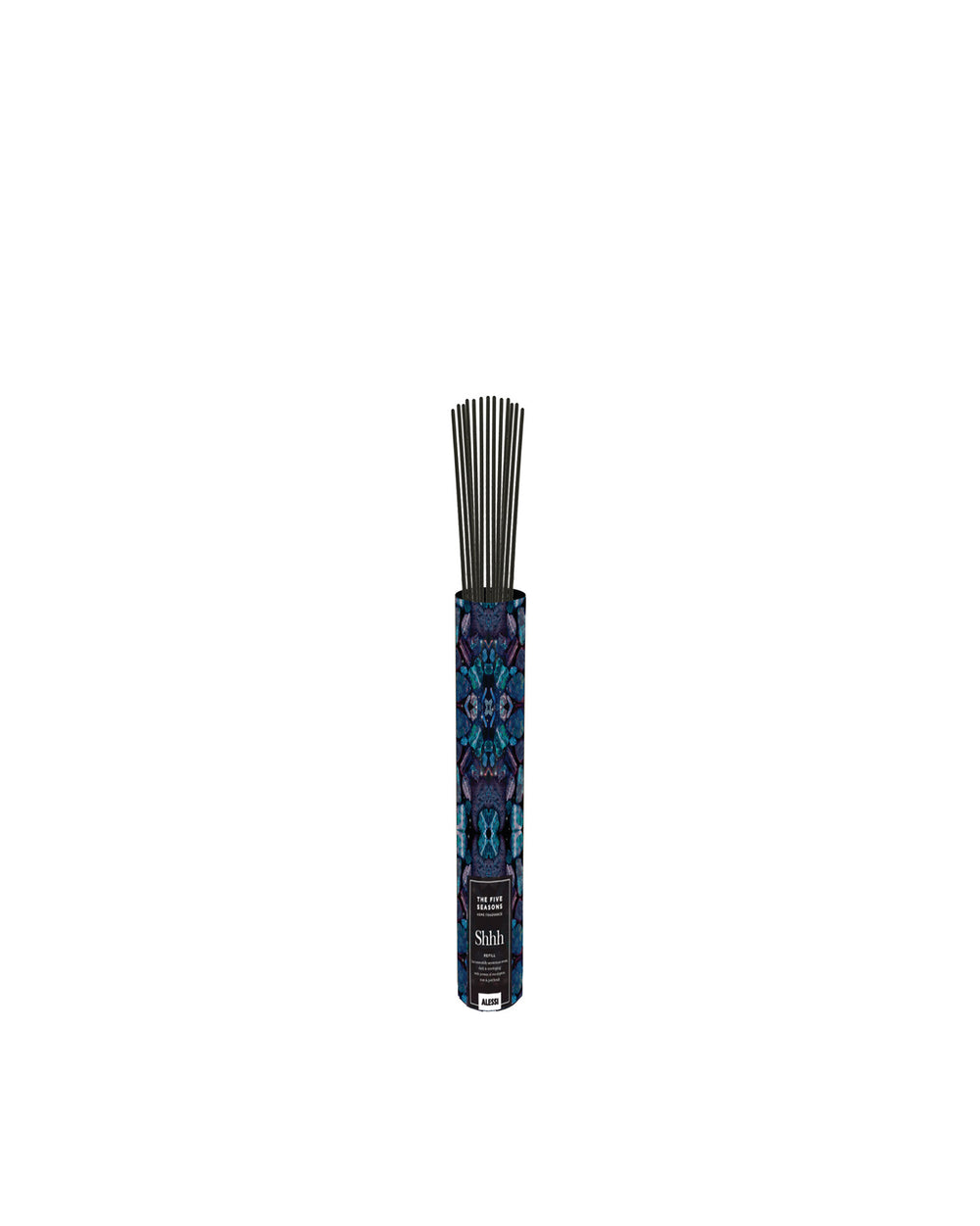 Lily home fragrance diffuser refill by Alessi in a dark blue and purple patterned cylindrical holder with black diffuser reeds.