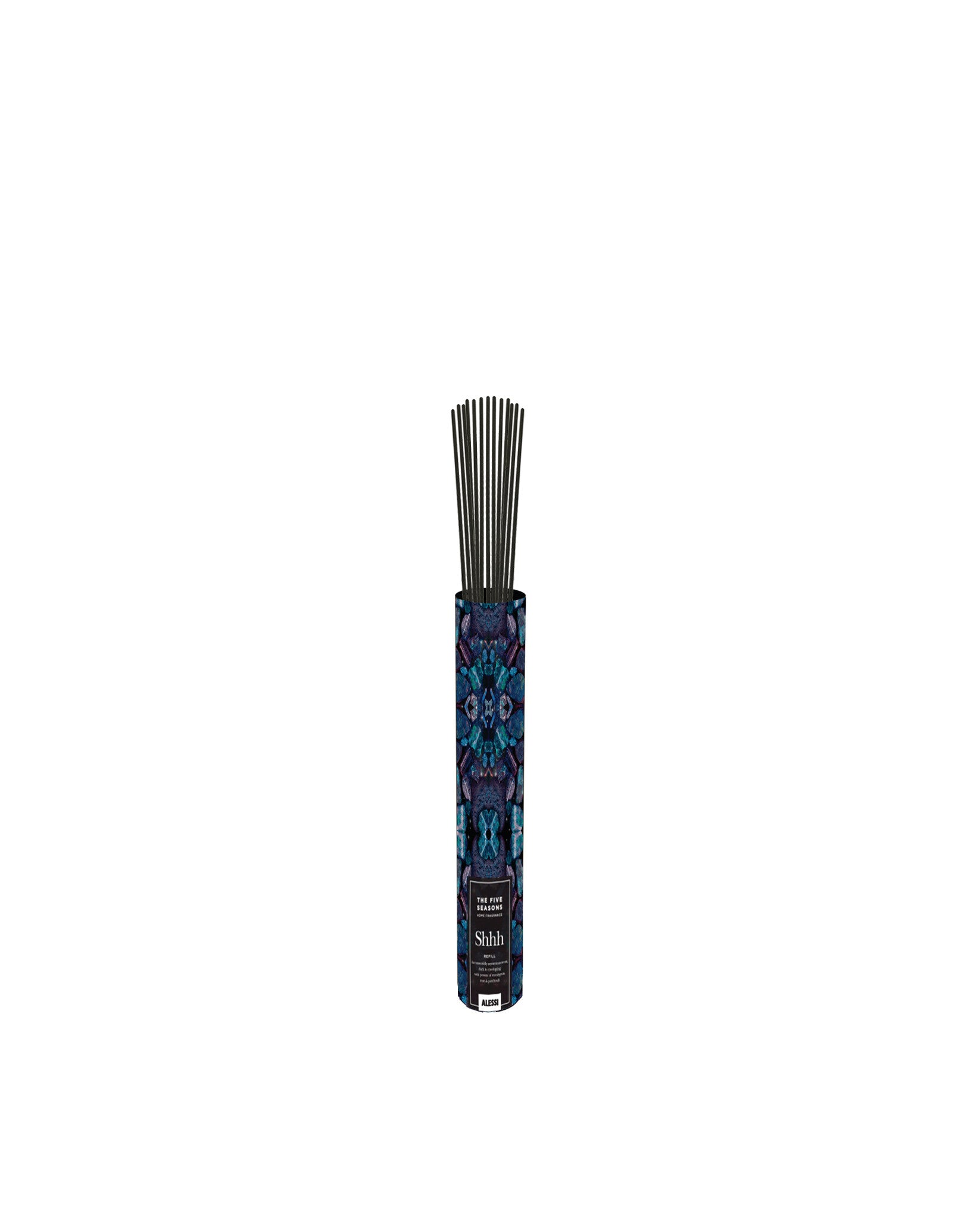 Lily home fragrance diffuser refill by Alessi in a dark blue and purple patterned cylindrical holder with black diffuser reeds.