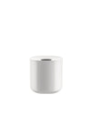 White cylindrical container by Alessi, with a glossy finish and a central oval opening on top.