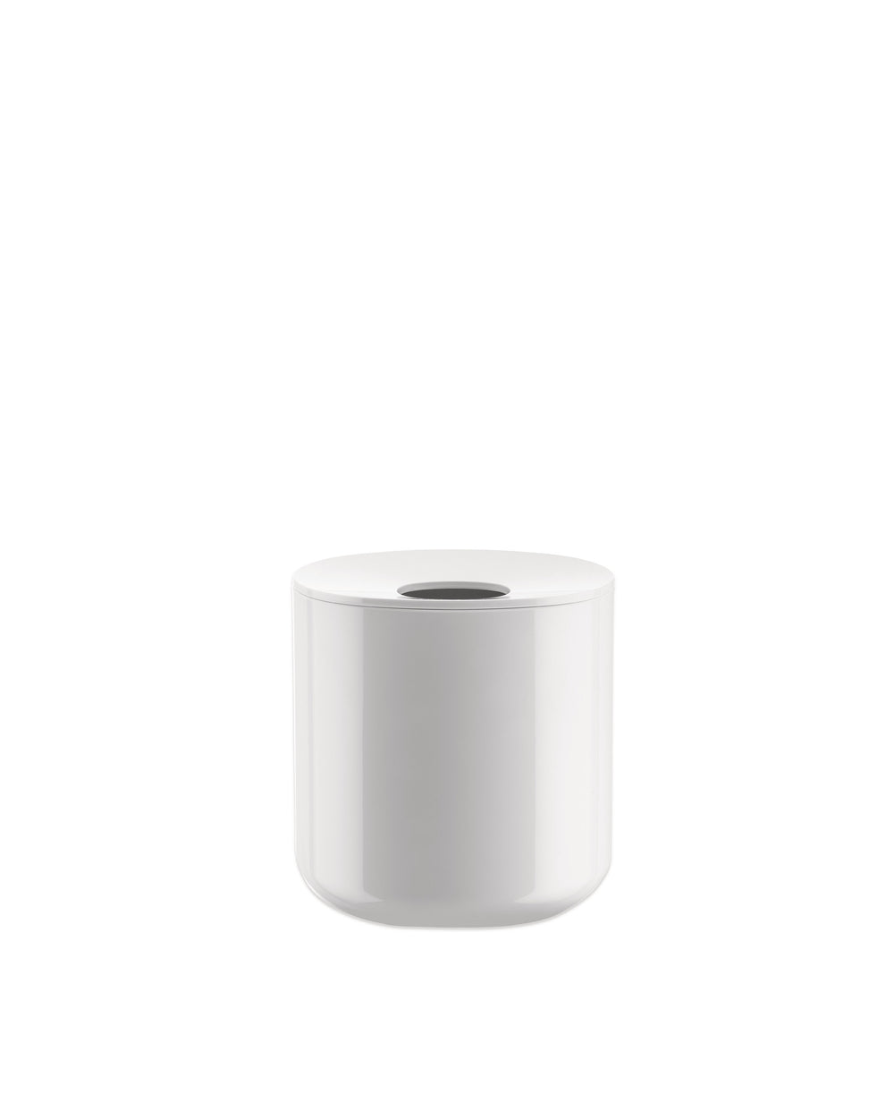 White cylindrical container by Alessi, with a glossy finish and a central oval opening on top.