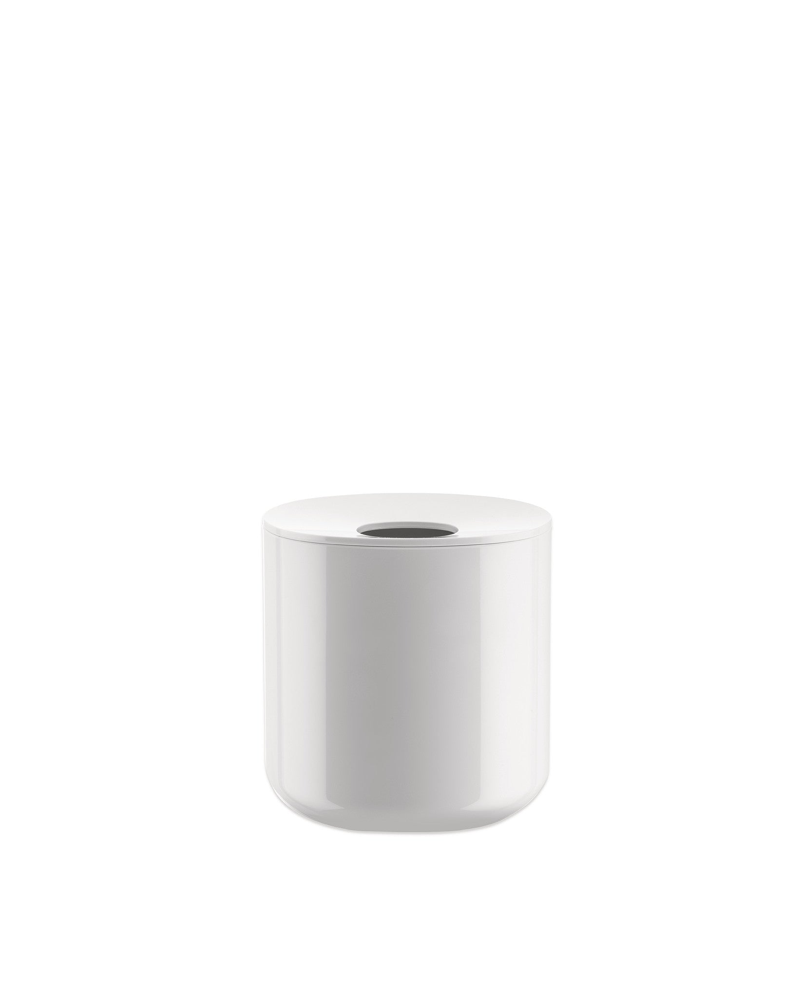 White cylindrical container by Alessi, with a glossy finish and a central oval opening on top.