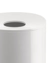 White cylindrical container by Alessi with an oval opening on the top lid, close-up.