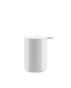 White glossy cylindrical liquid soap dispenser by Alessi, with a flat top and small rectangular tab.
