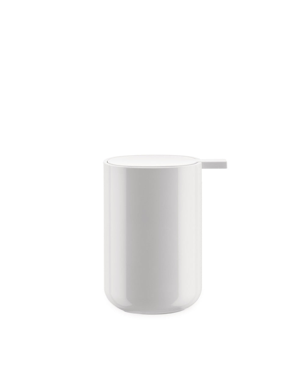 White glossy cylindrical liquid soap dispenser by Alessi, with a flat top and small rectangular tab.