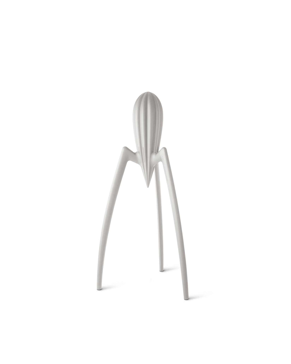 Silver-colored iconic juicer by Alessi, featuring a distinctive three-legged, spider-like design.