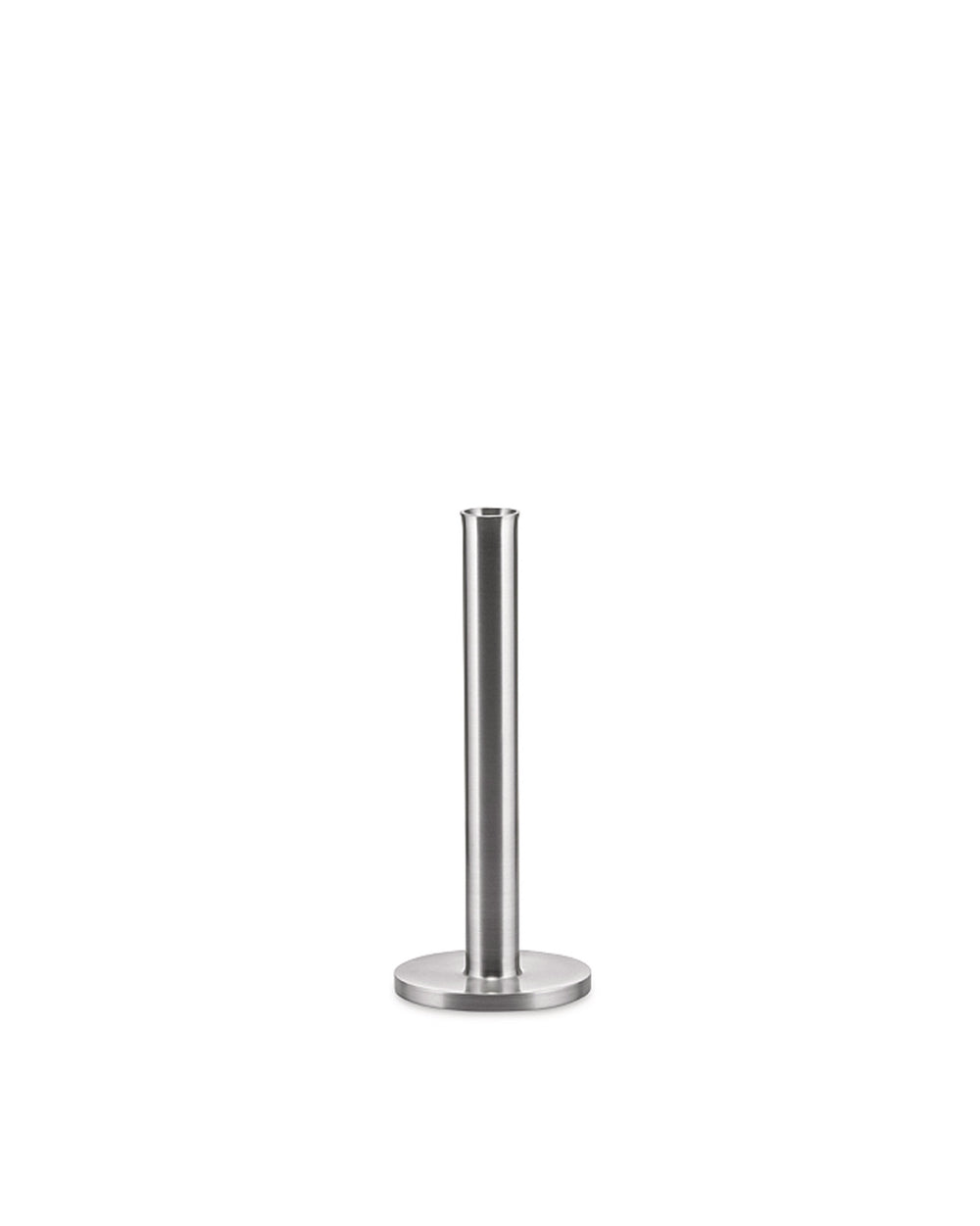 Brushed stainless steel single stem vase by Alessi, featuring a cylindrical body and flat circular base.
