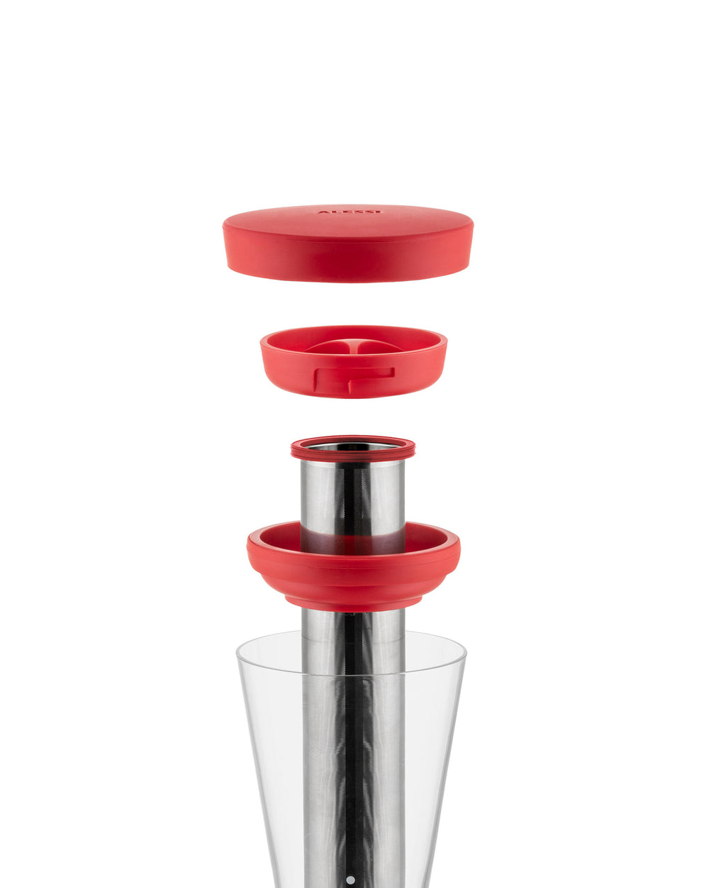 Red silicone, stainless steel, and clear glass Mazagran pitcher by Alessi, shown disassembled with floating components.