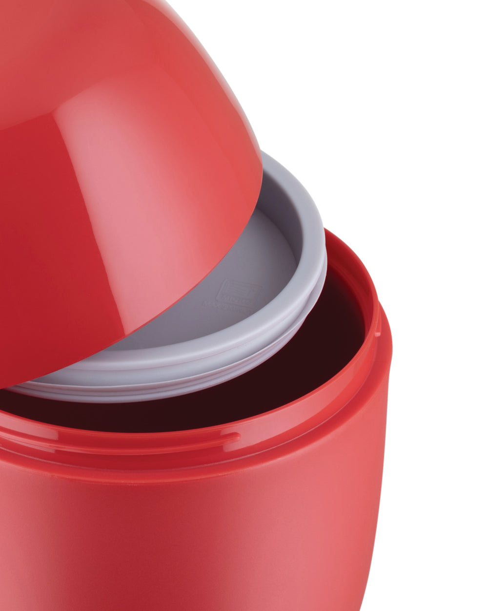Red Food à porter container by Alessi with a partially open lid revealing a gray inner seal.