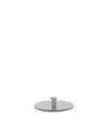 Silver-toned, round, perforated metal spare part by Alessi, featuring a central cylindrical screw.