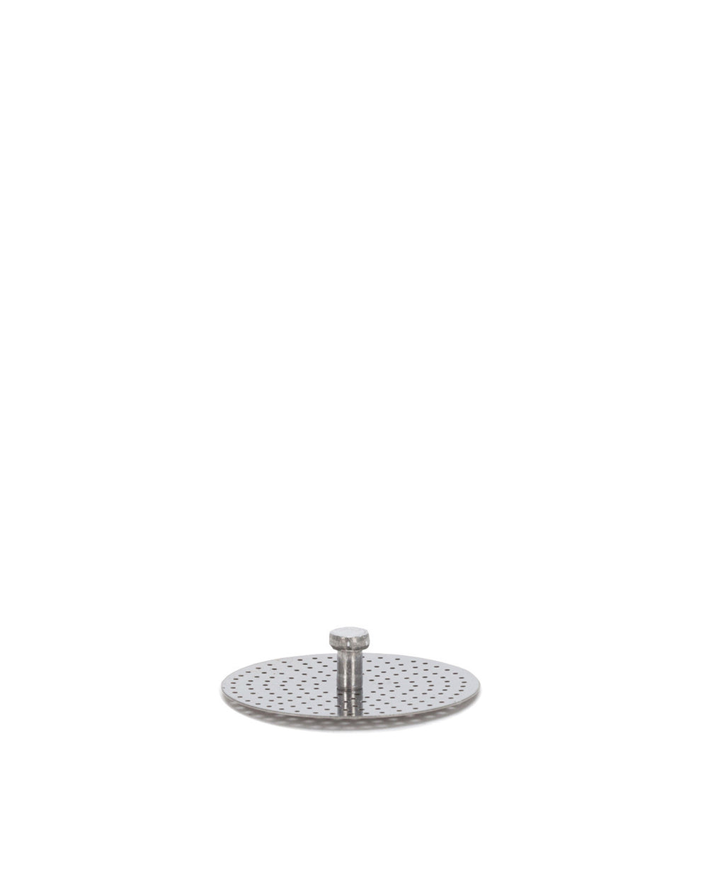 Silver-toned, round, perforated metal spare part by Alessi, featuring a central cylindrical screw.