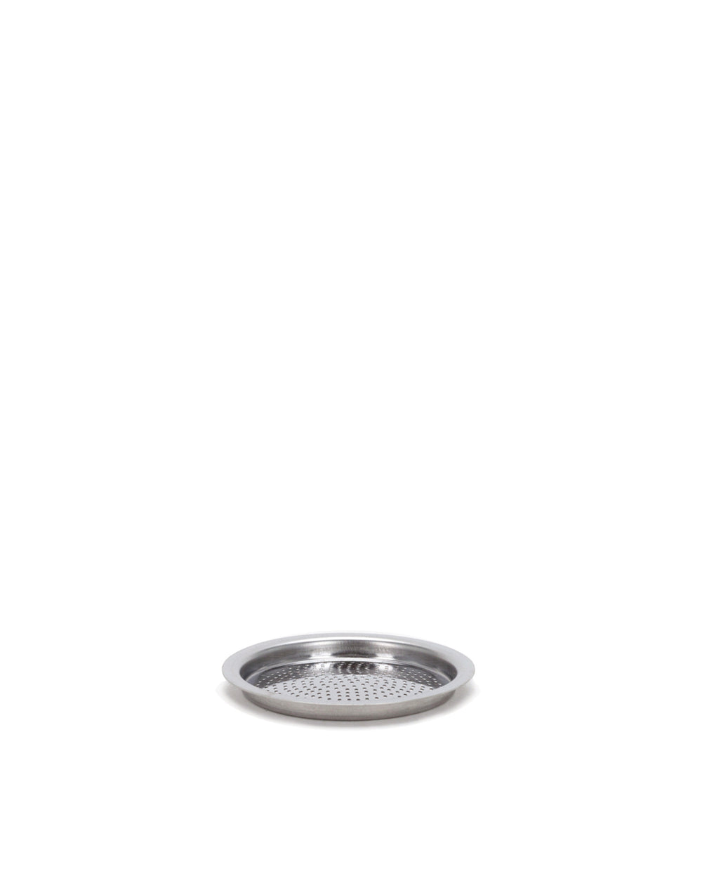 Silver perforated metal spare part by Alessi, round with a shiny rim and evenly spaced holes.