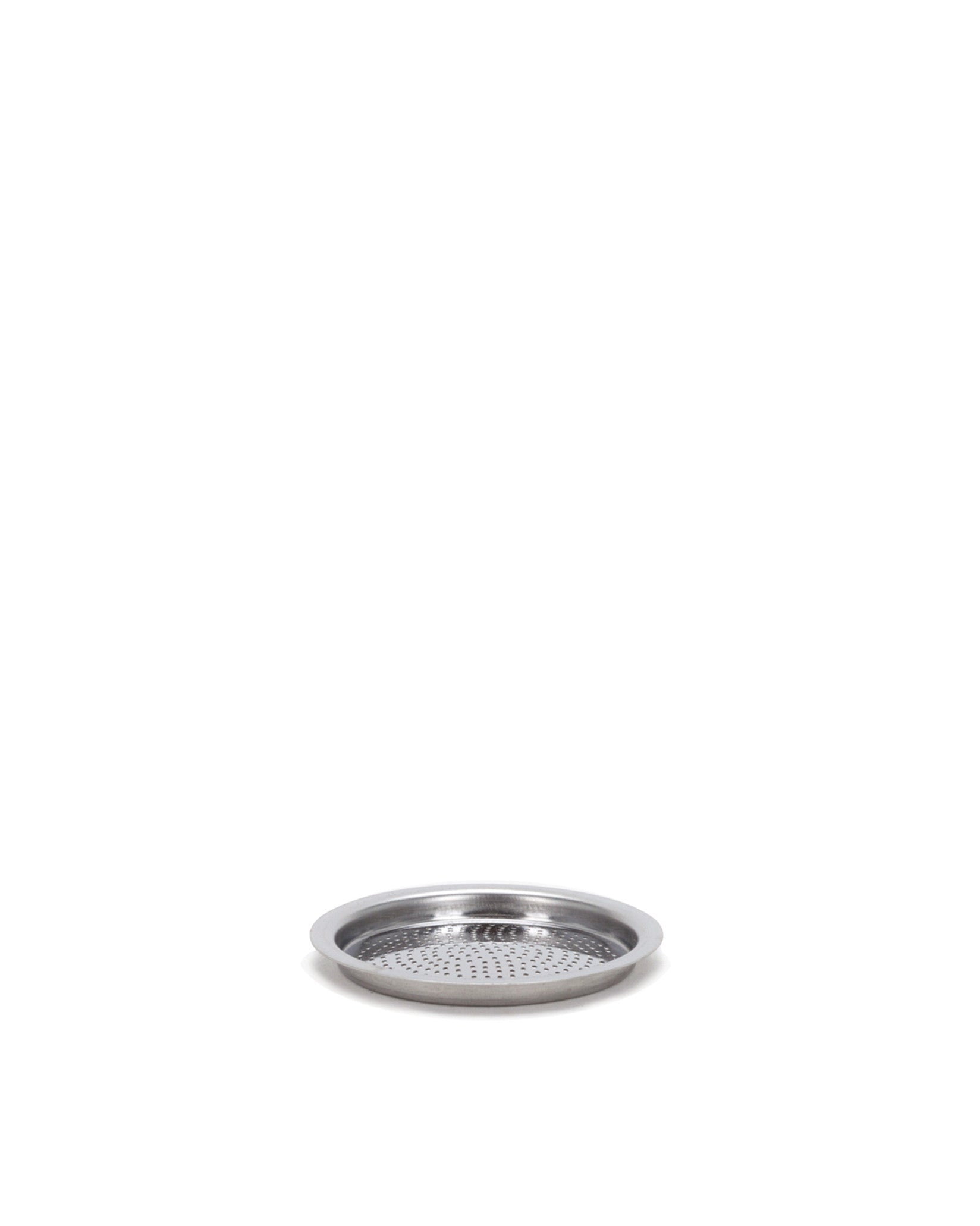 Silver perforated metal spare part by Alessi, round with a shiny rim and evenly spaced holes.
