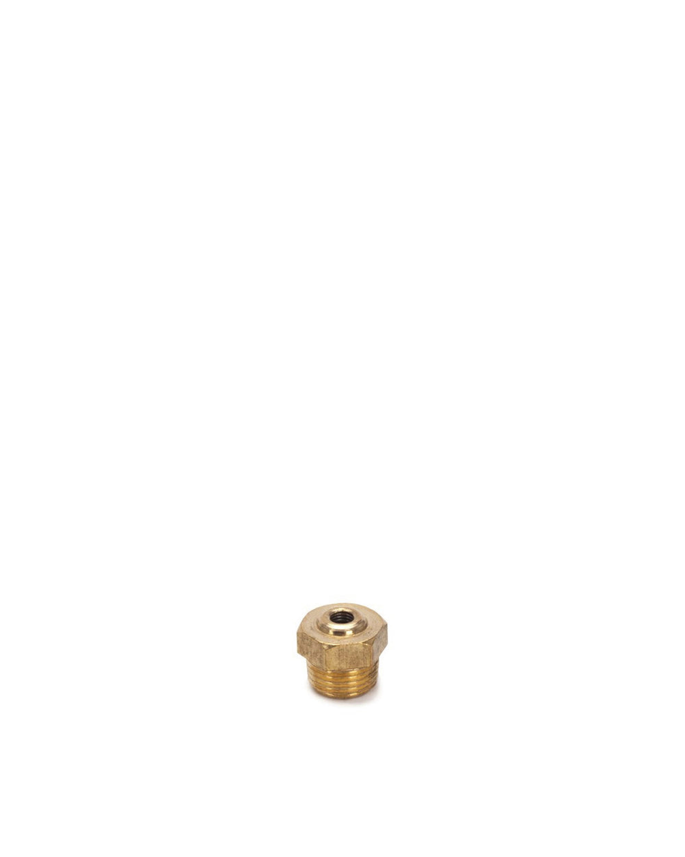 A brass spare part by Alessi, with a hexagonal body, threaded base, and a small central opening.