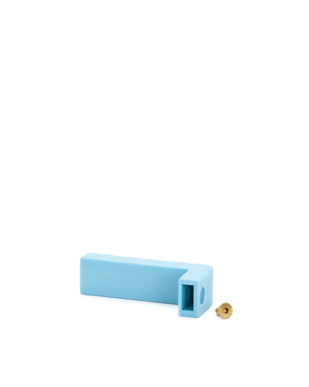 Light blue L-shaped spare part by Alessi with a rectangular opening and a small brass-colored screw.