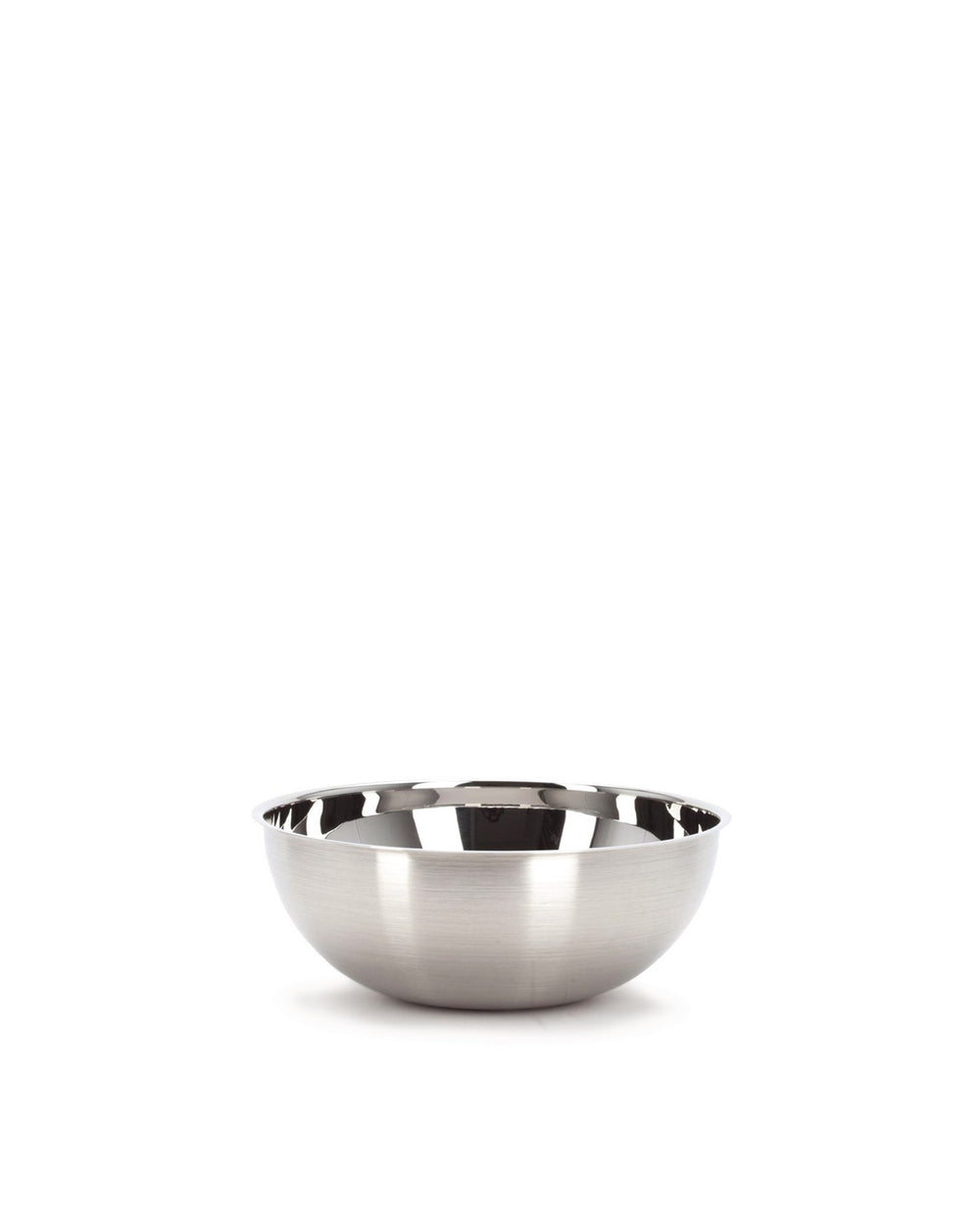 Silver stainless steel spare part bowl by Alessi with a brushed exterior and a polished interior surface.
