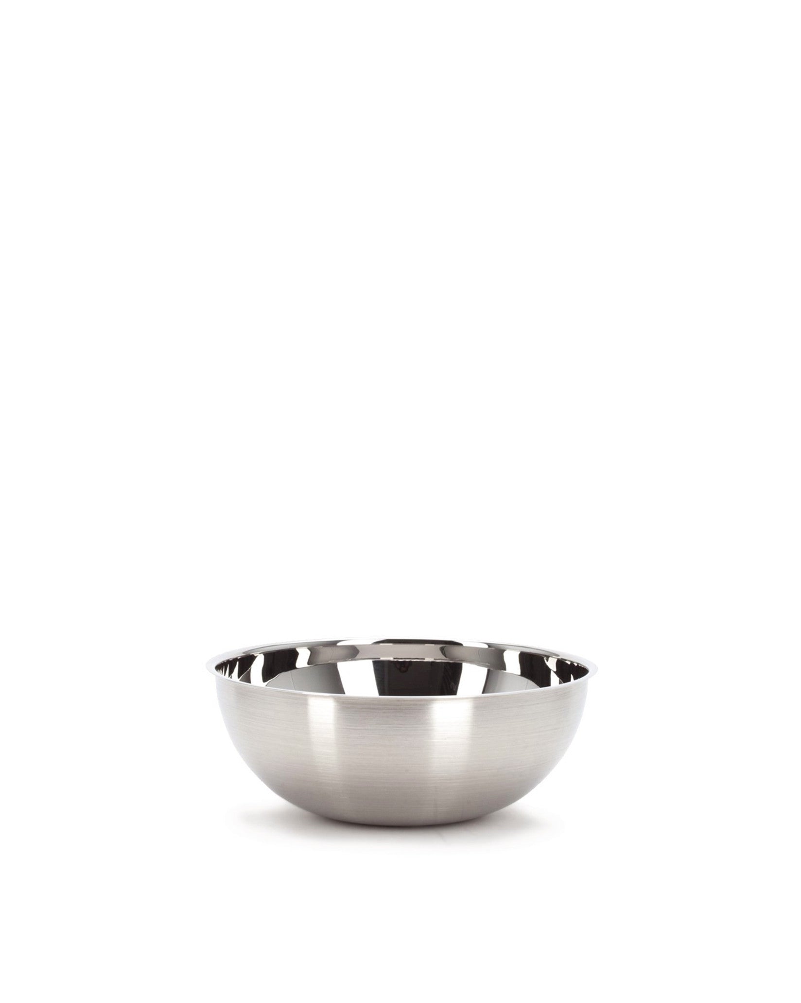 Silver stainless steel spare part bowl by Alessi with a brushed exterior and a polished interior surface.