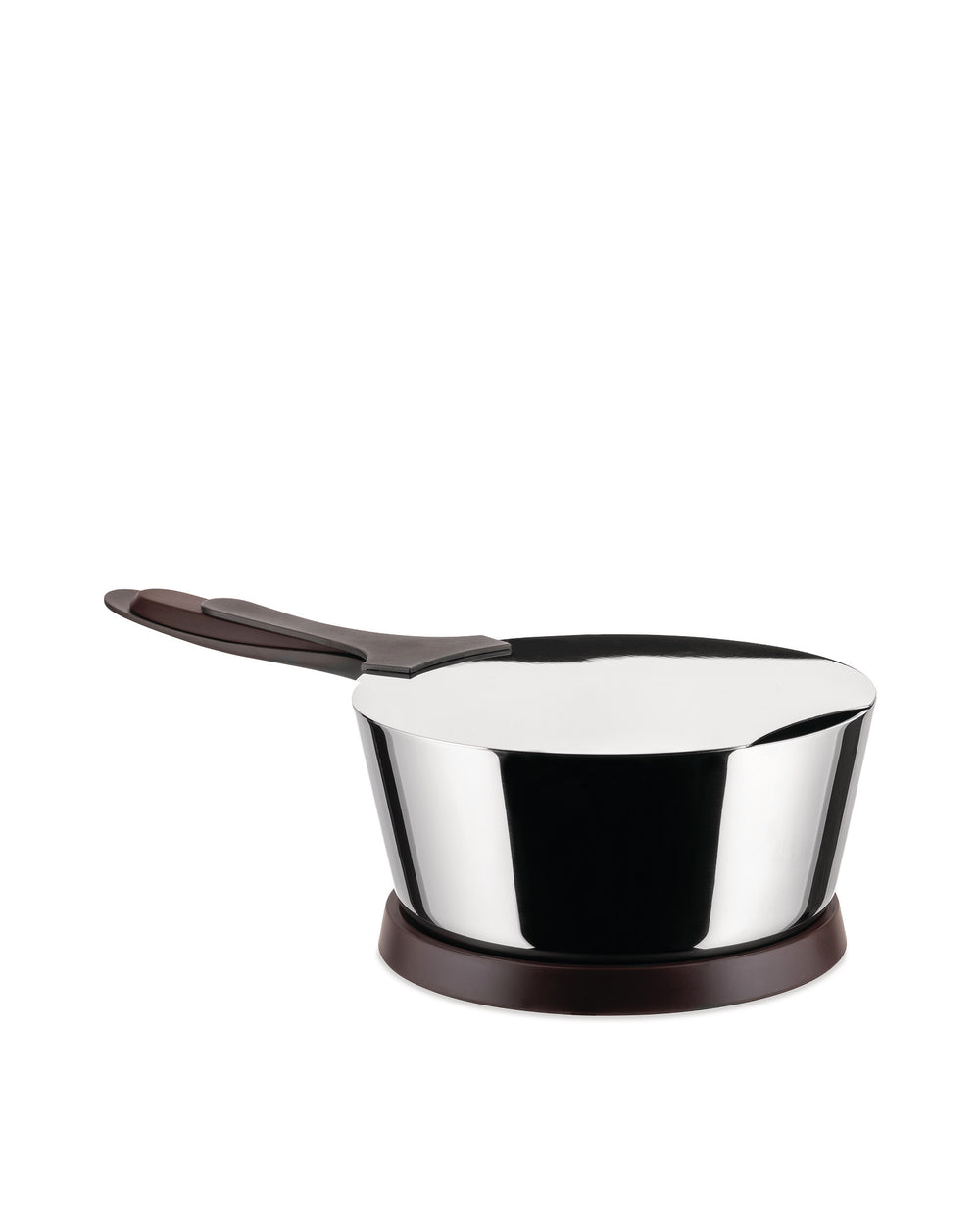 Shiny stainless steel pasta pot by Alessi, with a long brown handle and matching base, viewed at an angle.