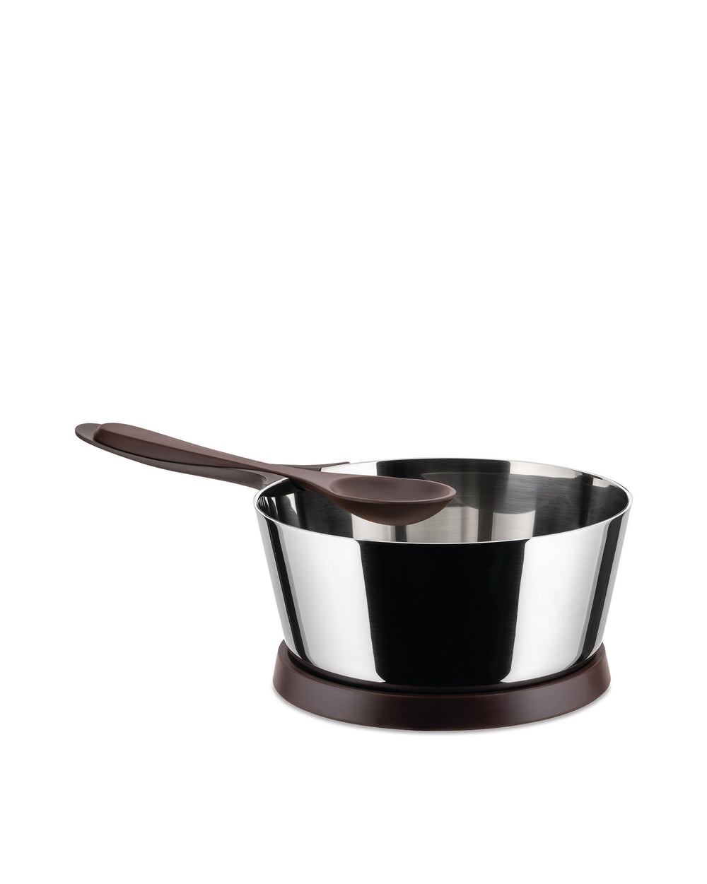 Silver stainless steel Pasta Pot by Alessi with a brown base and a matching spoon resting inside.