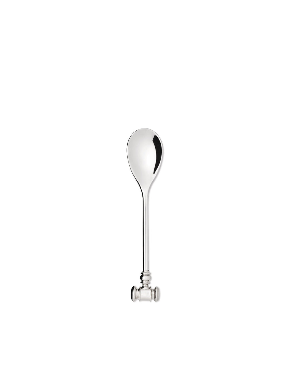 Silver spoon by Alessi with a decorative handle shaped like a gavel.