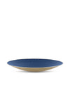 Elliptical decorative bowl with blue mesh interior by Alessi, featuring a tan woven exterior and silver rim.