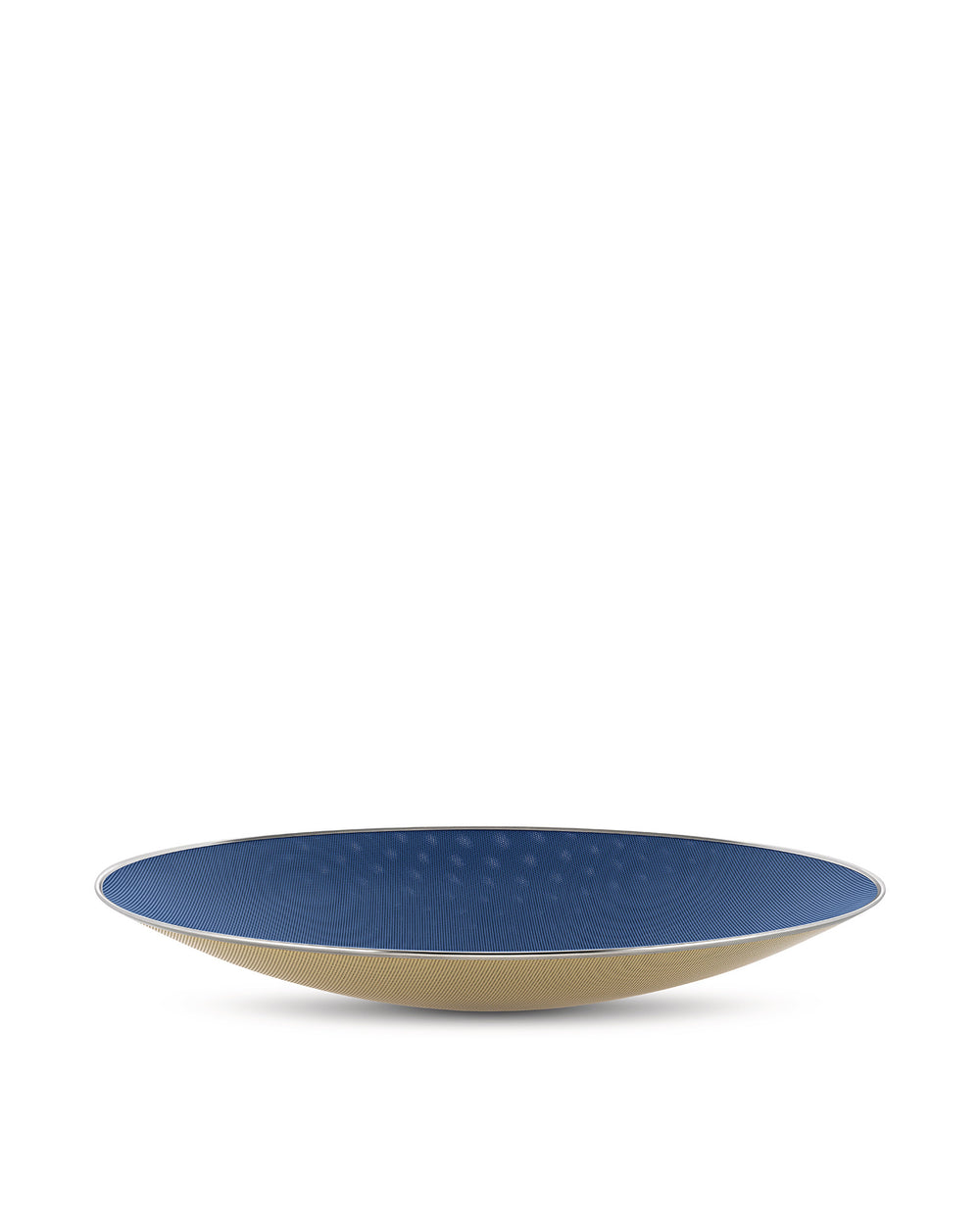 Elliptical decorative bowl with blue mesh interior by Alessi, featuring a tan woven exterior and silver rim.
