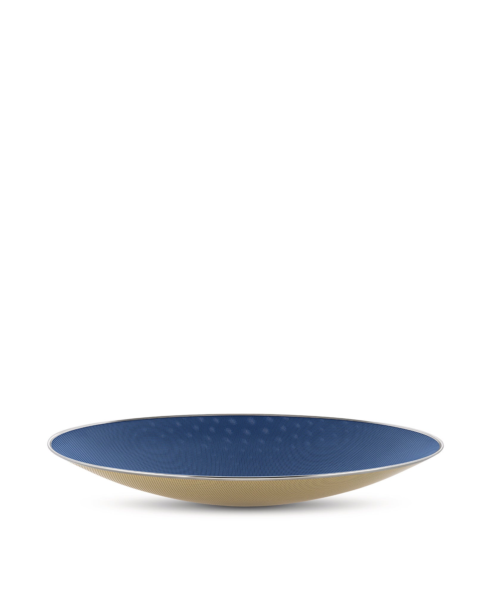Elliptical decorative bowl with blue mesh interior by Alessi, featuring a tan woven exterior and silver rim.