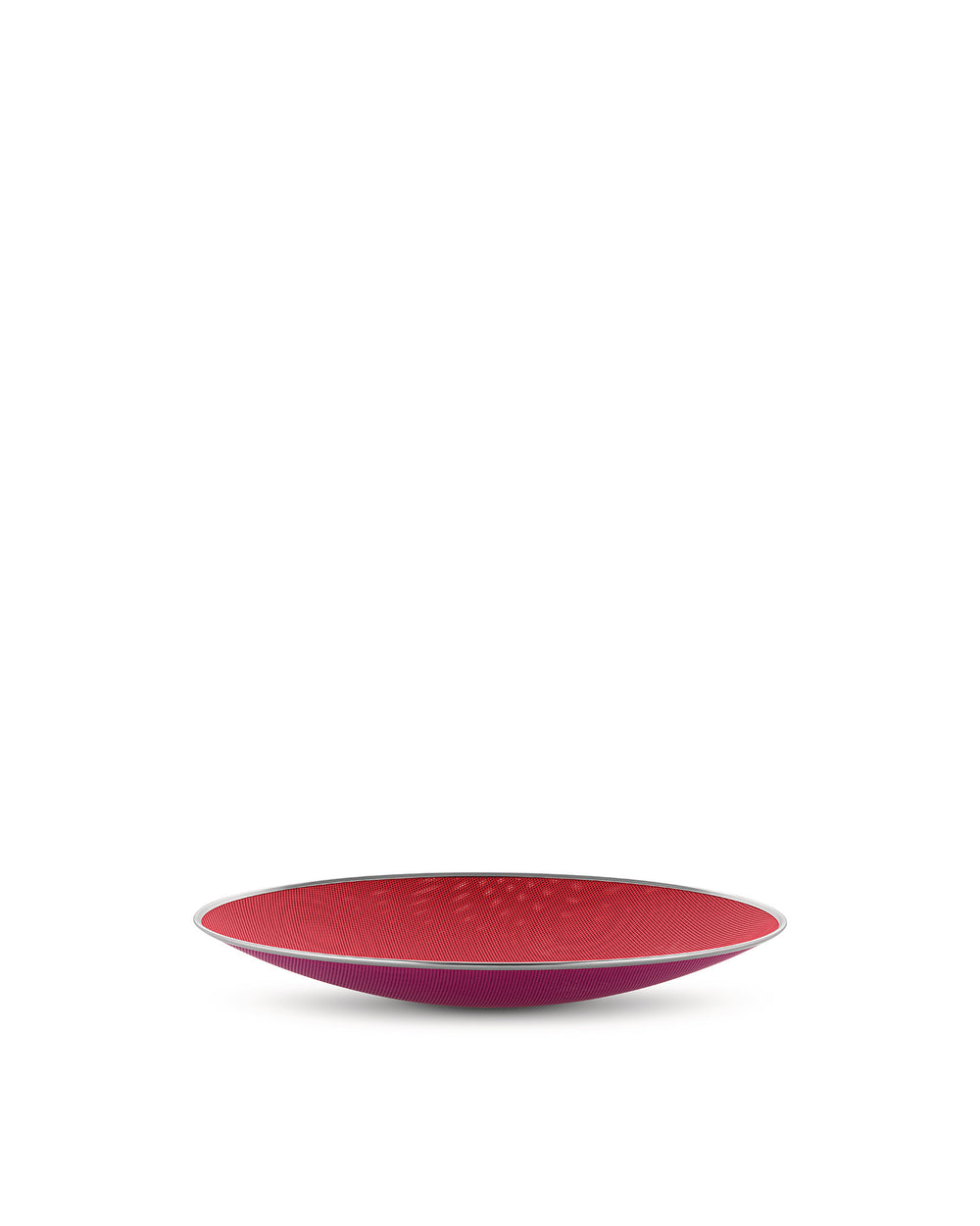 Shallow, perforated fruit bowl by Alessi with a red interior, magenta exterior, and silver rim.