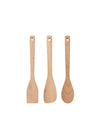 Set of three natural wood kitchen tools by Alessi, including two spatulas and a spoon with hanging holes.