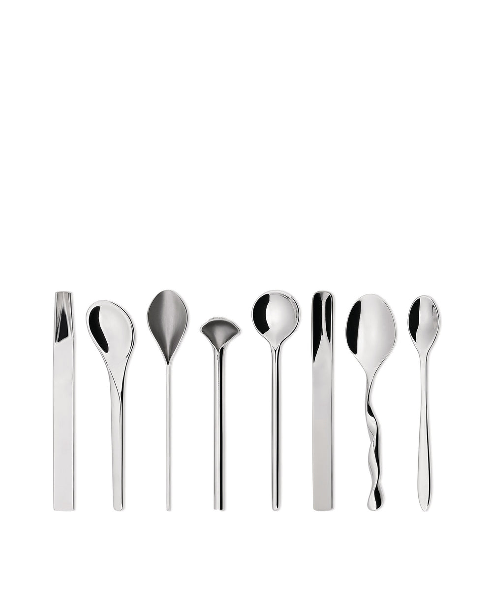 Eight polished silver metal spoons by Alessi, each featuring a unique and modern sculptural design.