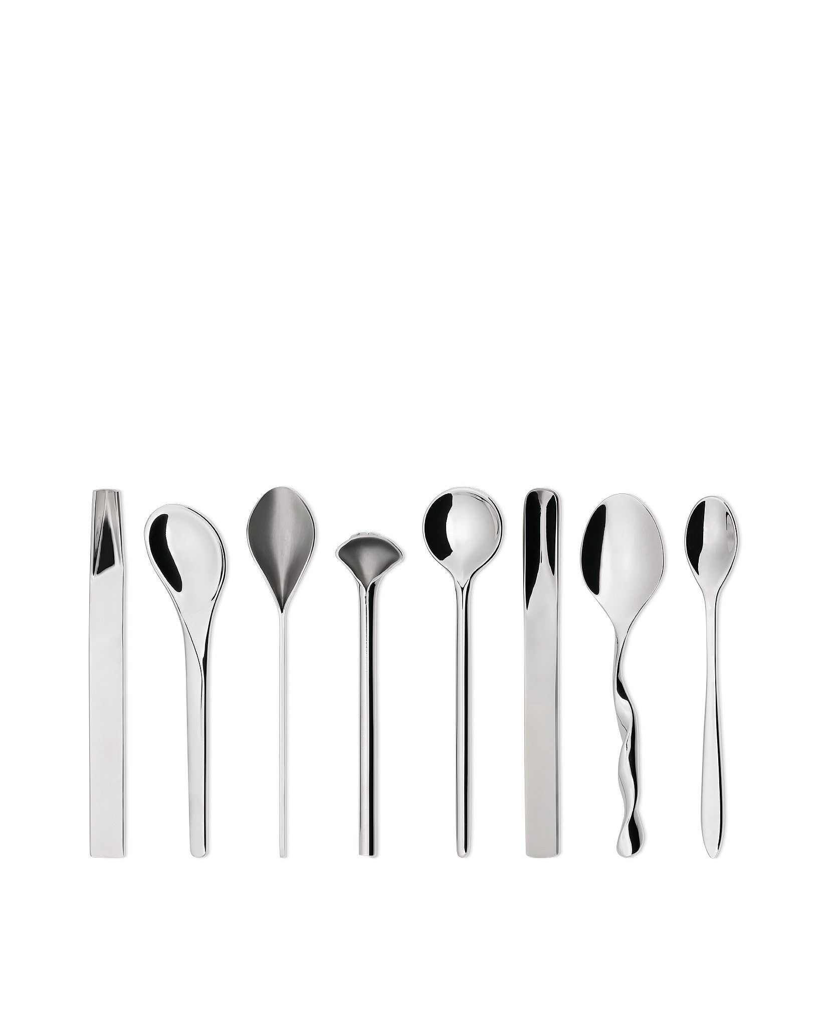 Eight polished silver metal spoons by Alessi, each featuring a unique and modern sculptural design.