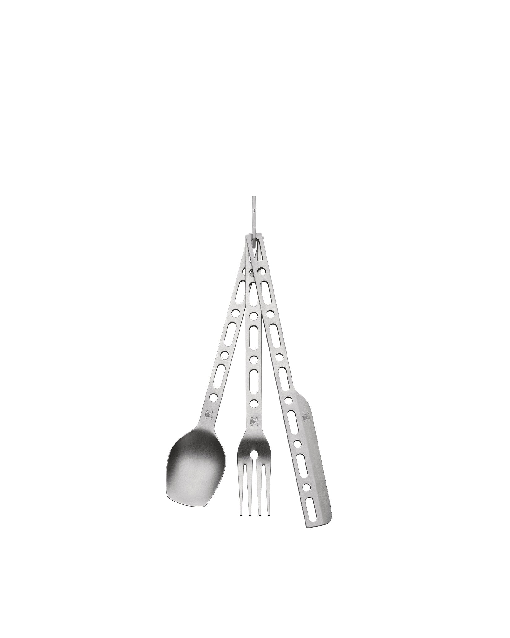 Hanging brushed silver metal cutlery set by Alessi, featuring a spoon, fork, and knife with oval cut-out handles.