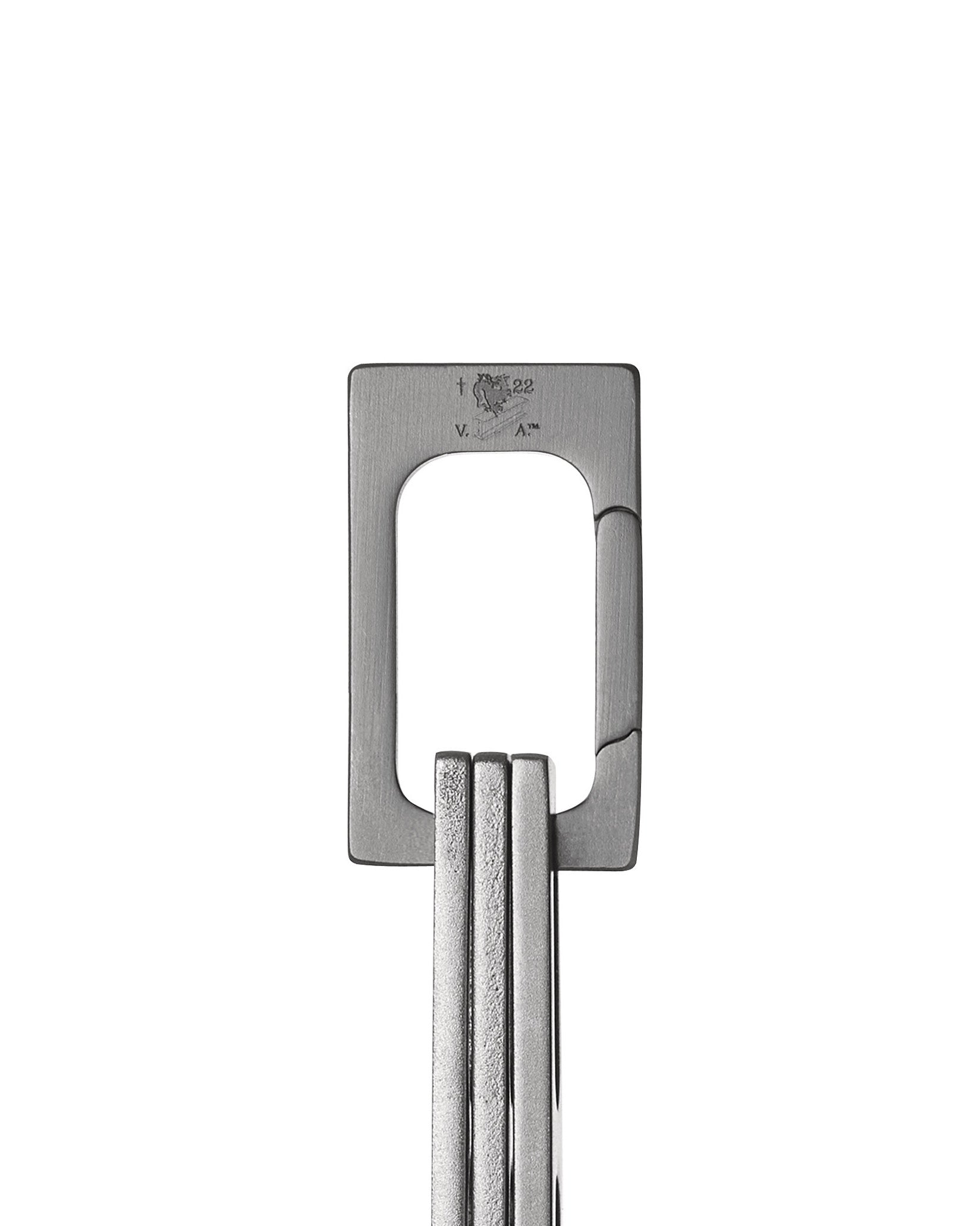 Brushed silver-toned metal occasional object by Alessi, rectangular with etched details, connecting to three vertical rods.