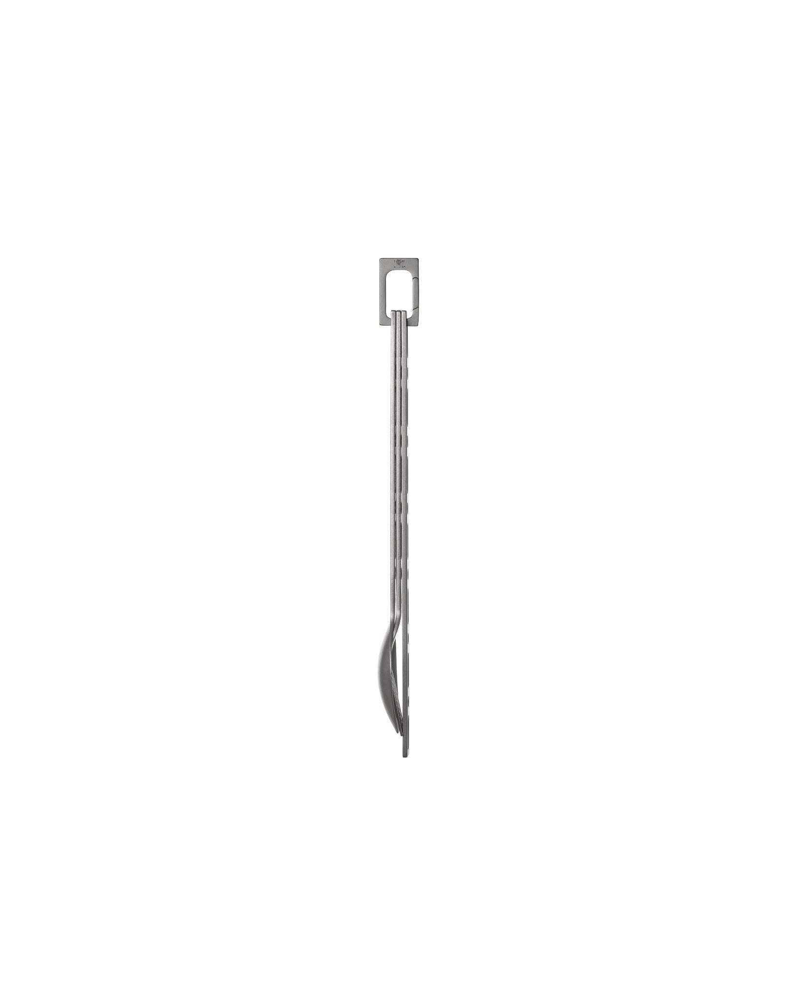 Sleek metal utensil by Alessi with a hook-shaped top and textured grip, side view.