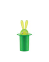 Green Magic Bunny by Alessi, with yellow ears and white eyes peeking from a tall green top hat.