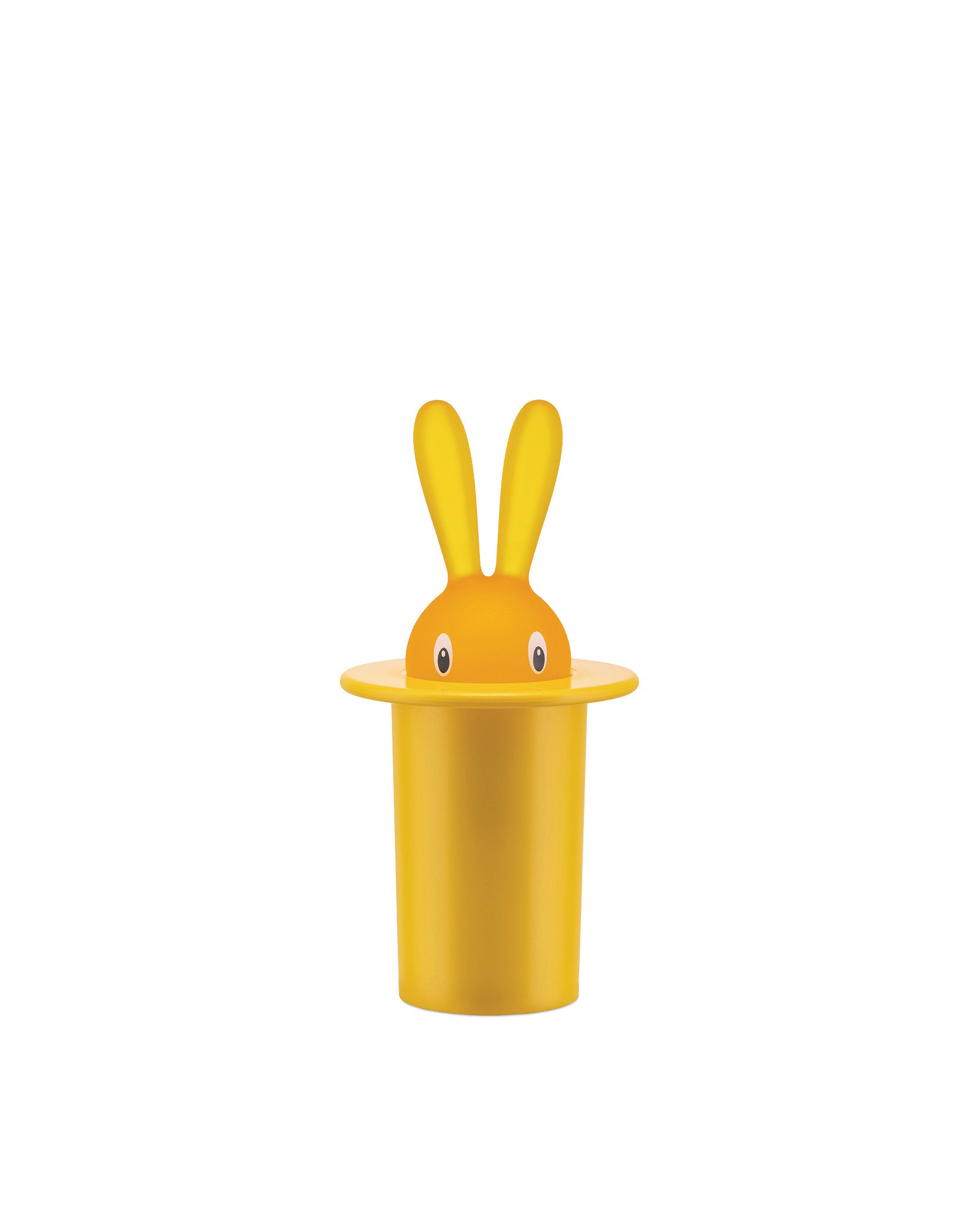 Orange bunny with yellow ears peeking from a yellow top hat by Alessi, with cartoon white eyes.