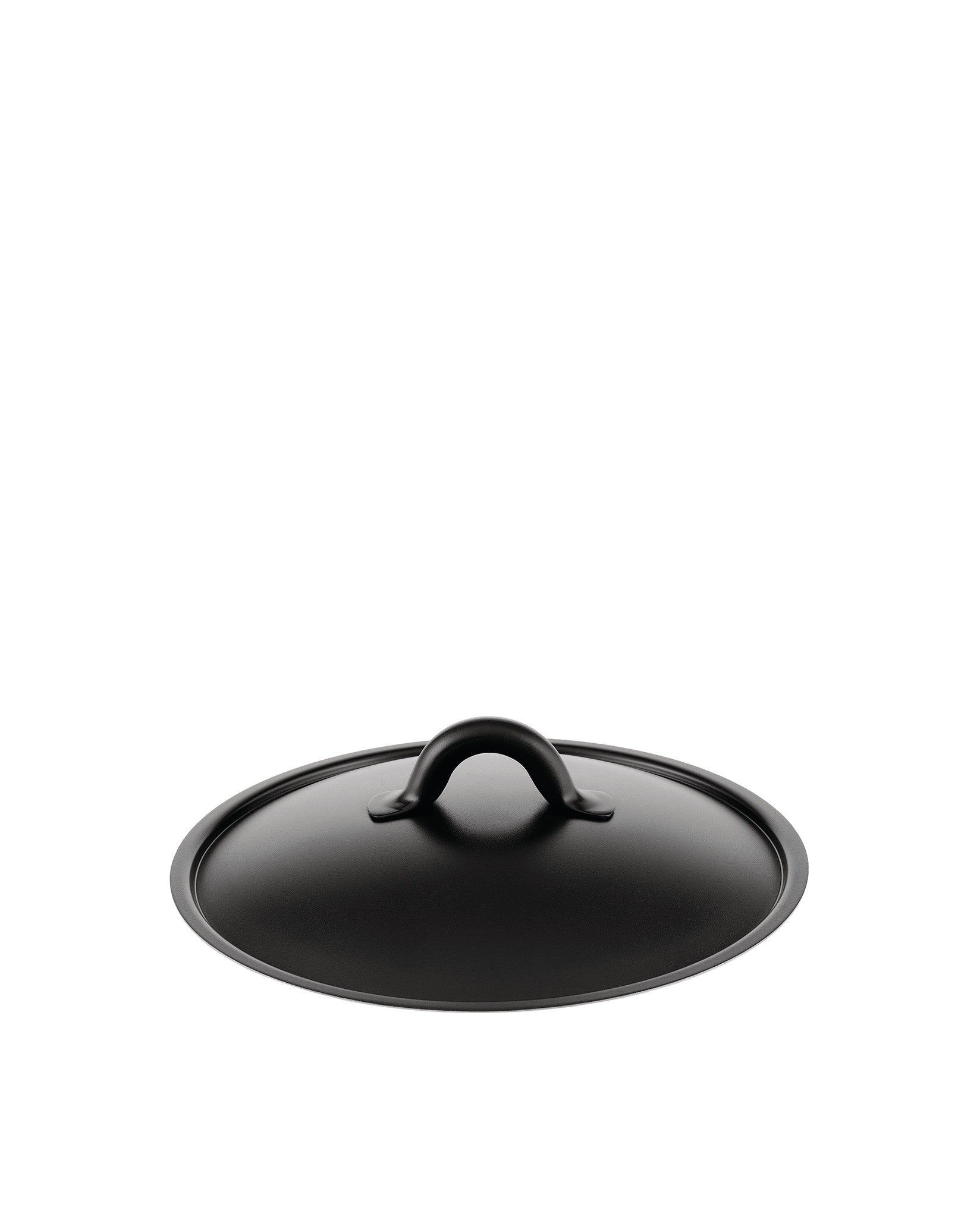 Black matte round pot lid by Alessi with a simple, curved central handle, angled on a white background.