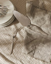 Sleek silver cake server by Alessi and a matching fork, on a checkered tablecloth with a linen napkin and stacked white plates.