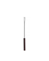 Silver metal fondue fork by Alessi with a dark brown handle and two prongs.