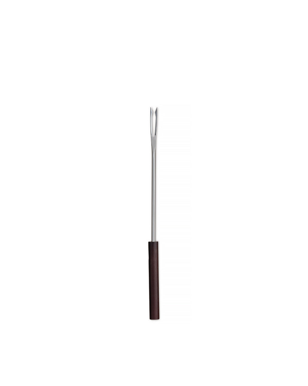 Silver metal fondue fork by Alessi with a dark brown handle and two prongs.