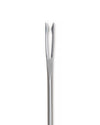 Silver metal serving fork by Alessi with two pointed tines and a polished finish, seen upright.