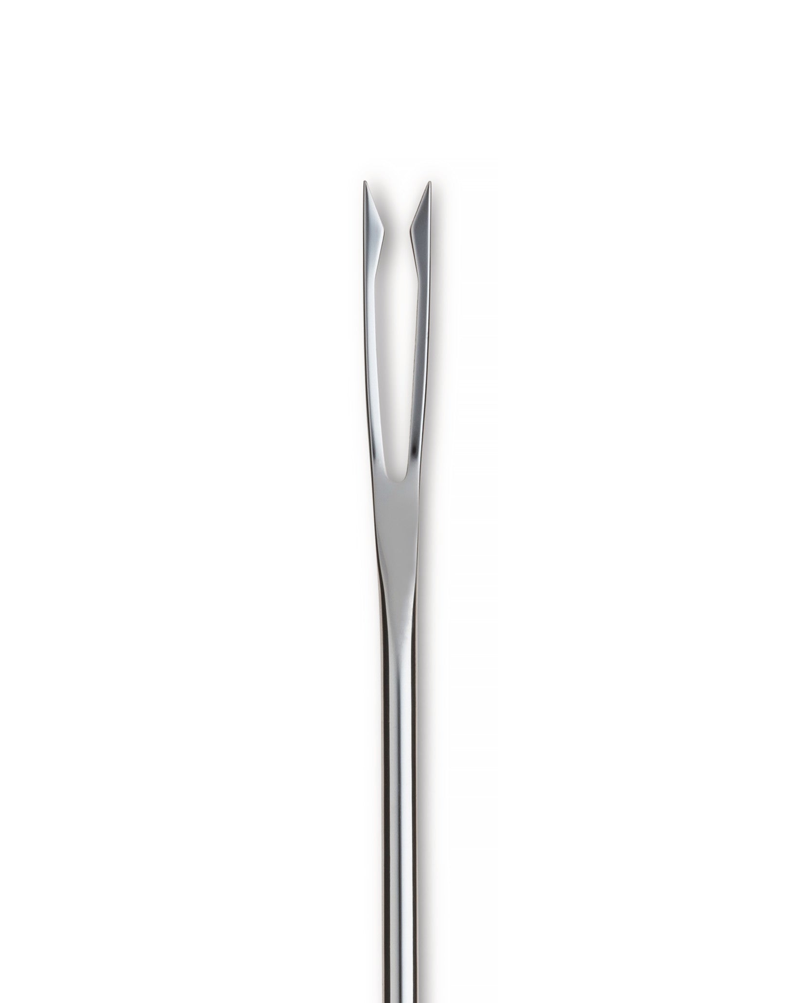 Silver metal serving fork by Alessi with two pointed tines and a polished finish, seen upright.