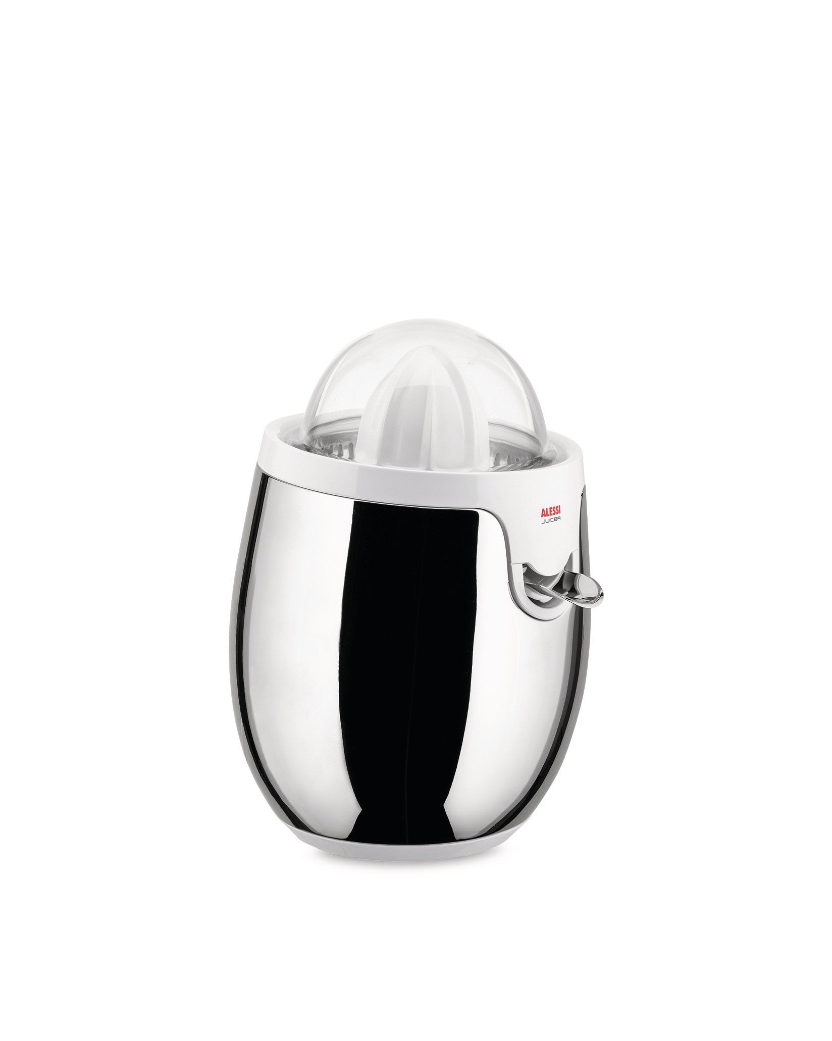 A glossy stainless steel and white electric juicer by Alessi, with a clear dome and visible reamer.
