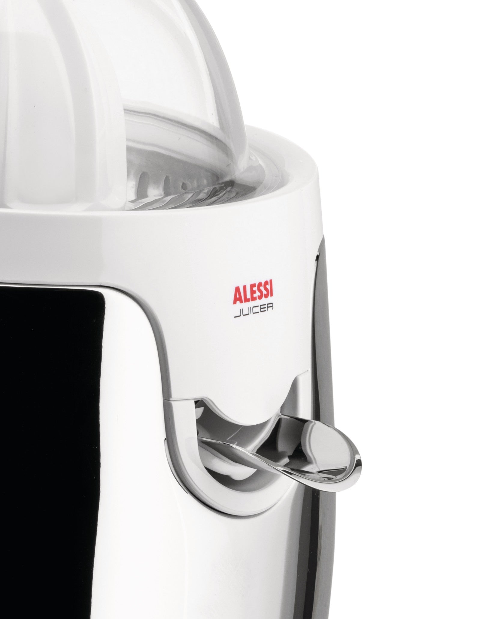 White and chrome juicer by Alessi with a clear lid and a dispensing spout, close-up.
