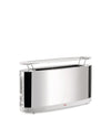 Sleek silver stainless steel toaster by Alessi with an integrated warming rack and side controls.