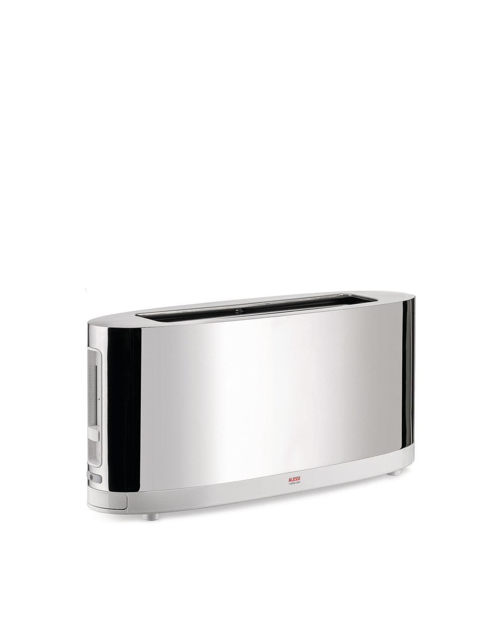Long-slot chrome toaster by Alessi, with black accents and a white base, seen from the side.