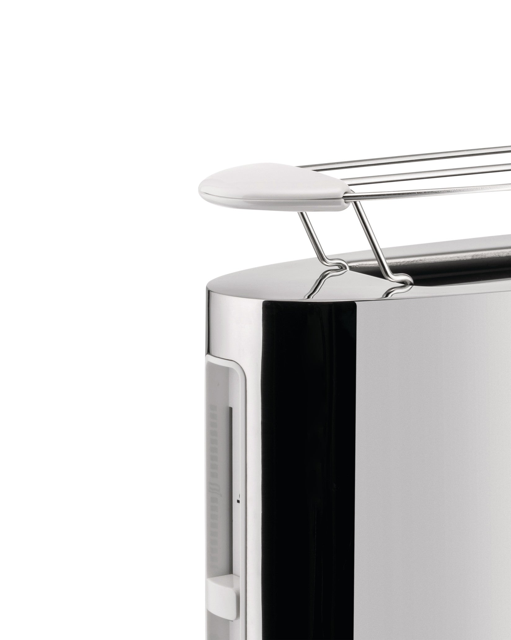 Chrome toaster with a white warming rack by Alessi, cropped close-up revealing a clear panel with measurement markings on the side.
